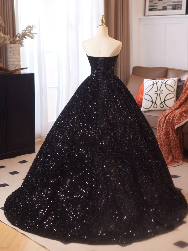 Sexy Black Sequins Prom Dresses 2025 Ball Gown Strapless Sleeveless Backless Floor-Length / Long Formal Dresses