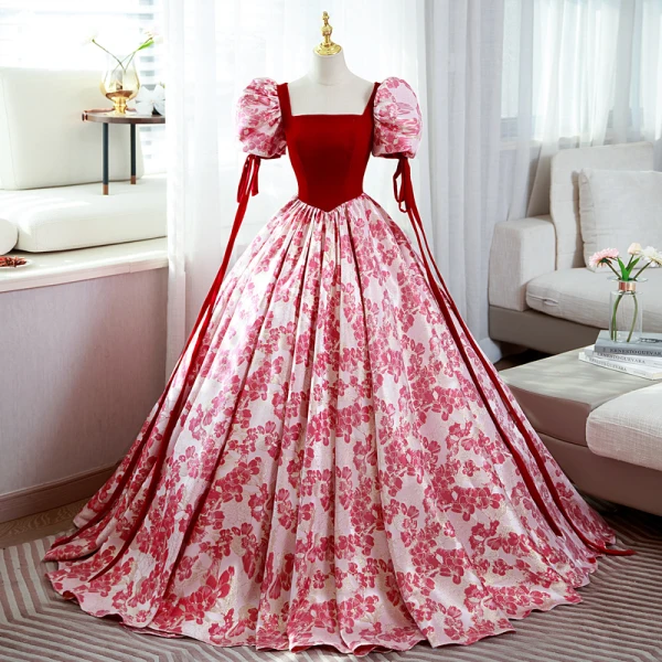 Elegant Red Printing Prom Dresses 2022 Square Neckline Puffy Short Sleeve Backless Floor-Length / Long Prom Formal Dresses