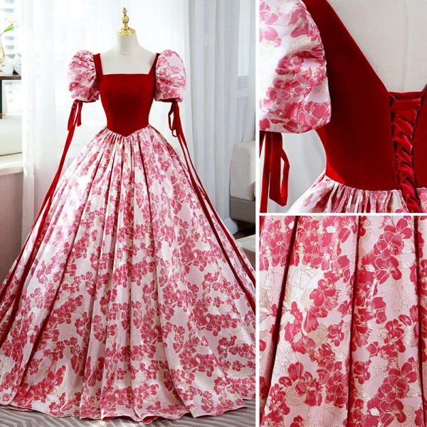 Elegant Red Printing Prom Dresses 2022 Square Neckline Puffy Short Sleeve Backless Floor-Length / Long Prom Formal Dresses