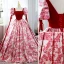 Elegant Red Printing Prom Dresses 2022 Square Neckline Puffy Short Sleeve Backless Floor-Length / Long Prom Formal Dresses