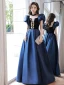 Elegant Navy Blue Satin Prom Dresses 2022 A-Line / Princess Square Neckline Puffy Short Sleeve Backless Floor-Length / Long Formal Dresses