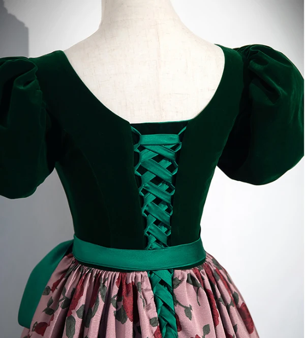 Vintage / Retro Dark Green Printing Prom Dresses 2024 Ball Gown Square Neckline Bow Sash Short Sleeve Backless Floor-Length / Long Prom Formal Dresses