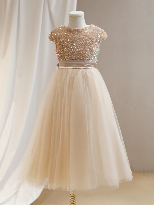 Sparkly Gold Sequins Birthday Flower Girl Dresses 2024 A-Line / Princess Scoop Neck Cap Sleeves Bow Sash Floor-Length / Long Tulle