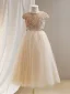Sparkly Gold Sequins Birthday Flower Girl Dresses 2024 A-Line / Princess Scoop Neck Cap Sleeves Bow Sash Floor-Length / Long Tulle
