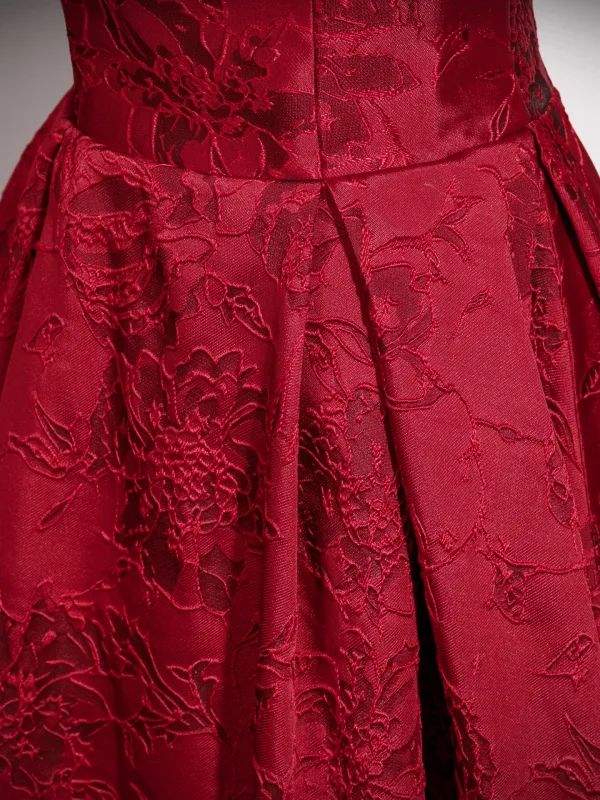 Vintage / Retro Burgundy Printing Prom Dresses 2025 A-Line / Princess Off-The-Shoulder Short Sleeve Backless Floor-Length / Long Formal Dresses
