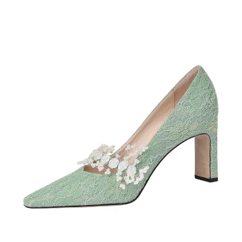 Chic Belle Beige Perle Paillettes En Dentelle Fleur Chaussure De Mariée 2023 Cuir 7 Cm Talons Aiguilles À Bout Pointu Mariage Escarpins Talons Hauts
