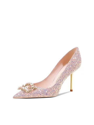 Brillante Rosa Clara Rhinestone Lentejuelas Zapatos De Novia 2024 8 Cm Stilettos Tacones De Aguja Punta Estrecha Boda Tacones High Heels