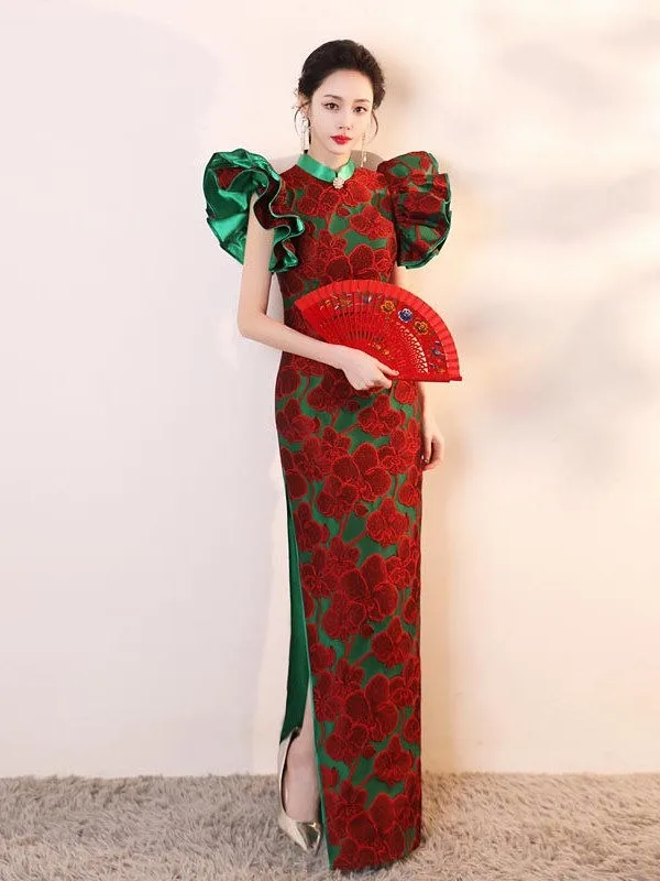 Vintage Czerwone Druk Długie Wieczorowe Cheongsam 2026 Syrena / Rozkloszowane Wysokiej Szyi Bufiasta Kótkie Rękawy