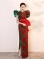 Vintage Czerwone Druk Długie Wieczorowe Cheongsam 2026 Syrena / Rozkloszowane Wysokiej Szyi Bufiasta Kótkie Rękawy