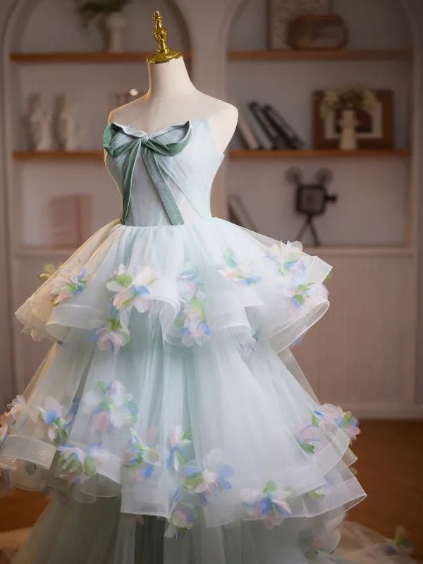 Flower Fairy Sage Green Appliques Cascading Ruffles Prom Dresses 2026 Ball Gown Strapless Bow Sleeveless Backless Sweep Train Formal Dresses