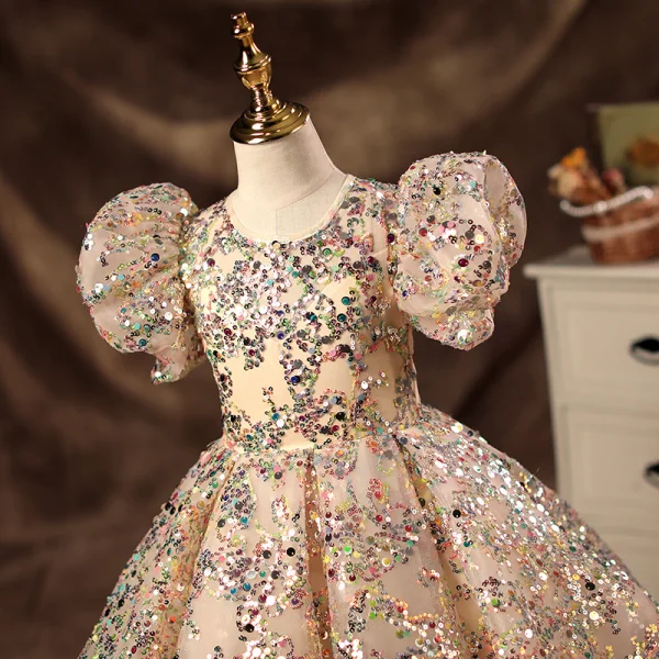 Sparkly Champagne Beading Sequins Prom Flower Girl Dresses 2022 Ball Gown Scoop Neck Puffy Short Sleeve Backless Floor-Length / Long Flower Girl Dresses