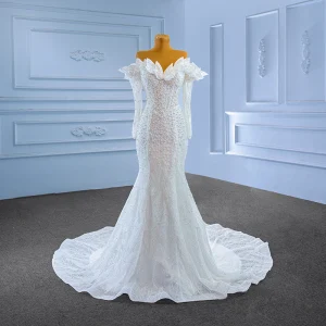 Luxury Gorgeous White Handmade Beading Pearl Wedding Dresses 2023 Trumpet Mermaid Off The Shoulder Long Sleeve Backless Floor Length Long Wedding
