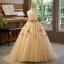 Chic / Beautiful Champagne Pearl Appliques Birthday Flower Girl Dresses 2025 Ball Gown Scoop Neck 3/4 Sleeve Backless Sweep Train