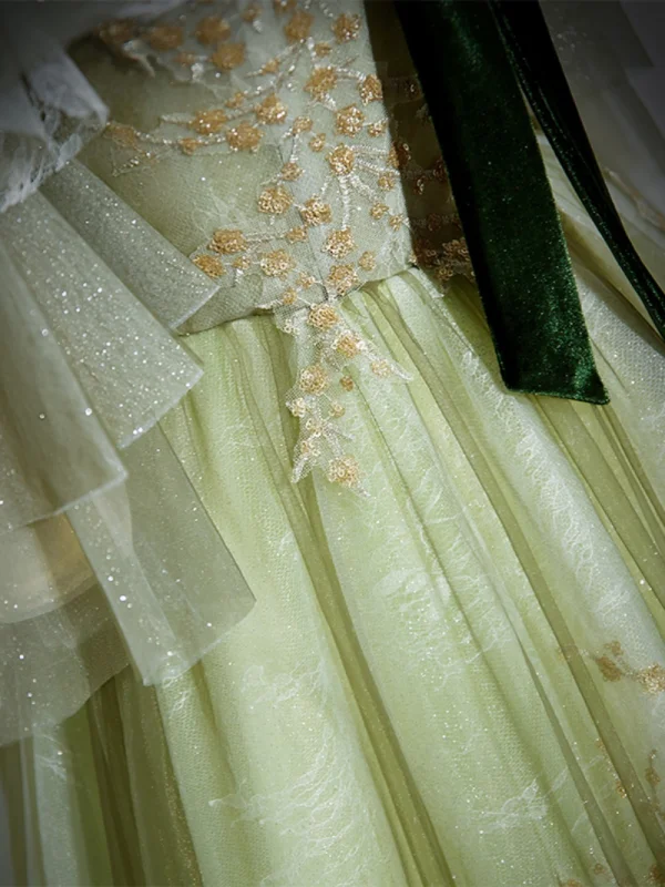 Fashion Sage Green Sequins Pleated Prom Dresses 2023 A-Line / Princess Off-The-Shoulder Bow Short Sleeve Backless Floor-Length / Long Prom Formal Dresses