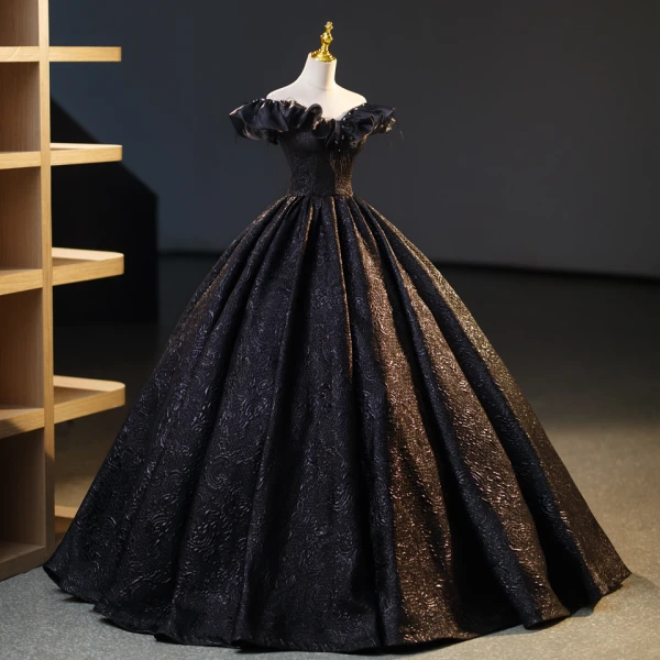 Elegant Black Rhinestone Tassel Prom Dresses 2023 Ball Gown Off-The-Shoulder Sleeveless Backless Floor-Length / Long Prom Formal Dresses