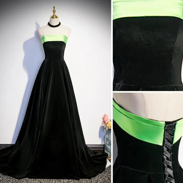 Elegant Black Suede Prom Dresses 2023 A-Line / Princess Strapless Sleeveless Backless Sweep Train Prom Formal Dresses