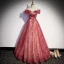 Elegant Red Glitter Sequins Prom Dresses 2022 A-Line / Princess Off-The-Shoulder Short Sleeve Backless Floor-Length / Long Formal Dresses