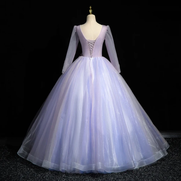 Chic / Beautiful Lavender Beading Sequins Appliques Prom Dresses 2023 Ball Gown V-Neck Long Sleeve Backless Floor-Length / Long Prom Formal Dresses