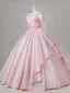 Charmant Rougissant Rose Perlage Paillettes Satin Robe De Bal 2026 Robe Boule Encolure Dégagée 3/4 Manches Dos Nu Longue Robe De Ceremonie