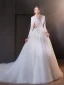Elegant White Lace Flower Wedding Dresses 2024 A-Line / Princess Deep V-Neck Long Sleeve Backless Floor-Length / Long Wedding