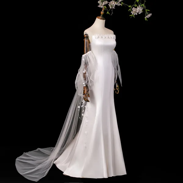 High-end Fashion White Appliques Wedding Dresses 2026 Trumpet / Mermaid Strapless Sleeveless Backless Sweep Train