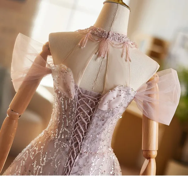 Charming Blushing Pink Beading Pearl Sequins Prom Dresses 2025 A-Line / Princess High Neck Short Sleeve Backless Floor-Length / Long Tulle Prom Formal Dresses