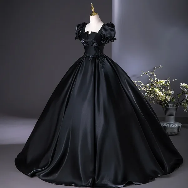 Elegant Black Beading Sequins Lace Flower Prom Dresses 2025 Ball Gown Square Neckline Puffy Short Sleeve Floor-Length / Long Prom Formal Dresses
