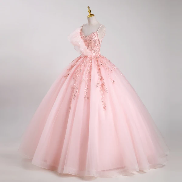 Lovely Blushing Pink Beading Sequins Prom Dresses 2023 Ball Gown Pearl Spaghetti Straps Sleeveless Backless Floor-Length / Long Prom Formal Dresses