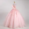 Lovely Blushing Pink Beading Sequins Prom Dresses 2023 Ball Gown Pearl Spaghetti Straps Sleeveless Backless Floor-Length / Long Prom Formal Dresses