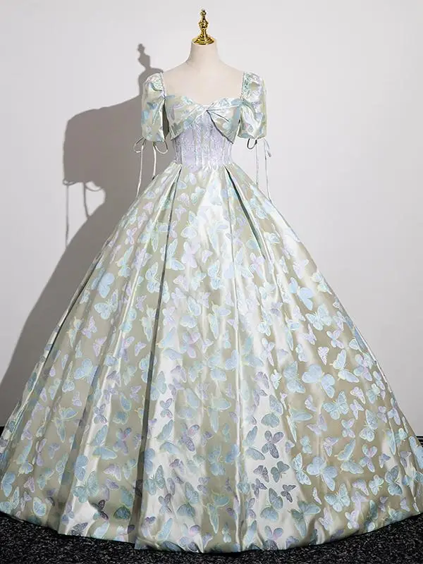 Fashion Sage Green Lace Flower Butterfly Prom Dresses 2025 Ball Gown Square Neckline Short Sleeve Backless Floor-Length / Long Prom Formal Dresses