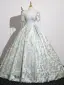 Fashion Sage Green Lace Flower Butterfly Prom Dresses 2025 Ball Gown Square Neckline Short Sleeve Backless Floor-Length / Long Prom Formal Dresses