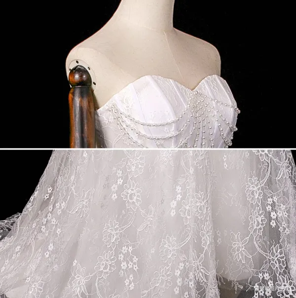 Vintage / Retro High-end White Pearl Lace Flower Wedding Dresses 2026 Trumpet / Mermaid Strapless Sleeveless Backless Sweep Train Wedding