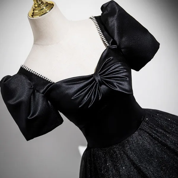 Elegant Black Glitter Prom Dresses 2025 Ball Gown Square Neckline Bow Short Sleeve Backless Floor-Length / Long Prom Formal Dresses