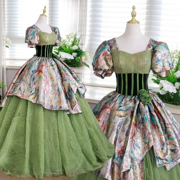 Elegante Salbeigrün Ballkleid Ballkleider 2025 Eckiger Ausschnitt Geschwollenes Kurze Ärmel Rückenfreies Lange Ball Festliche Kleider
