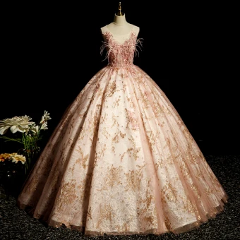 Élégant Rougissant Rose Robe De Bal 2023 Robe Boule Encolure Dégagée Perlage Faux Diamant Paillettes En Dentelle Fleur Gland Sans Manches Dos Nu Longue Robe De Ceremonie