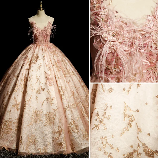 Elegant Blushing Pink Prom Dresses 2023 Ball Gown Scoop Neck Beading Rhinestone Sequins Lace Flower Tassel Sleeveless Backless Floor-Length / Long Formal Dresses