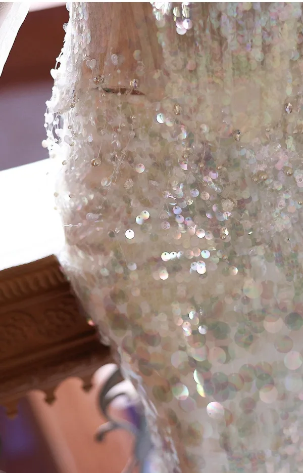 Sexy Bling Bling Ivoire Perlage Perle Paillettes Robe De Soirée 2026 Trompette / Sirène De l'épaule Sans Manches Dos Nu Train De Balayage Soirée Robe De Ceremonie