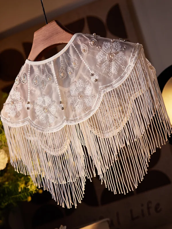 Charmig Vita Handgjort Beading Tassel Pärla Bal sjal 2025