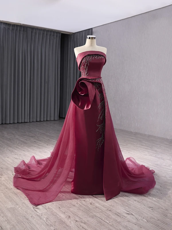 Haut de Gamme Élégant Bordeaux Fait main Perlage Paillettes Fleur Robe De Bal 2024 Trompette / Sirène Bustier Sans Manches Dos Nu Train De Balayage Promo