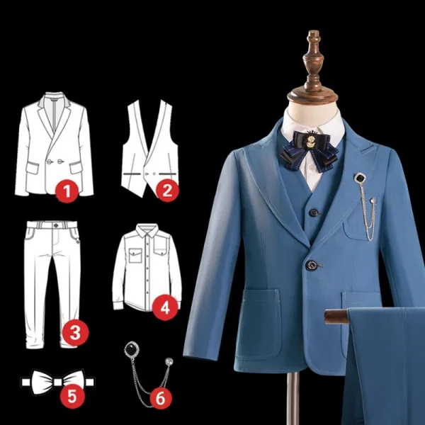 Meeresblau 6 Stück Lange Ärmel Anzüge Jungs 2024 Hochzeit Schulterschmuck Mantel Hemd Krawatte Weste Hose
