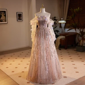 Scintillantes Haut De Gamme Rougissant Rose Perle Appliques Paillettes Robe De Soirée 2023 Princesse De L Épaule 3 4 Manches Dos Nu Longue Soirée Robe De Ceremonie