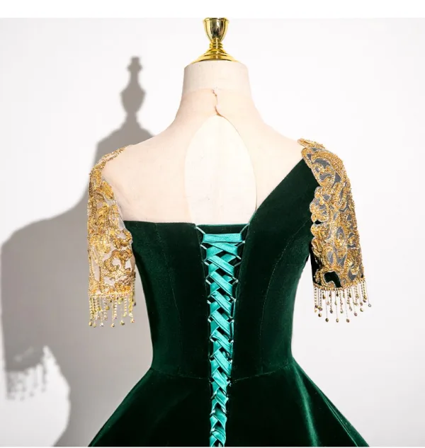 Elegant Dark Green Beading Lace Flower Velvet Prom Dresses 2025 Ball Gown Scoop Neck Short Sleeve Backless Floor-Length / Long Prom Formal Dresses