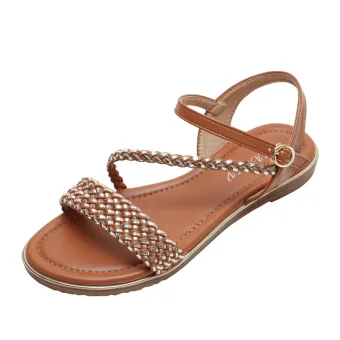Brown Comfortable Beach Braid Flat Womens Sandals 2022 Open Peep Toe Sandals