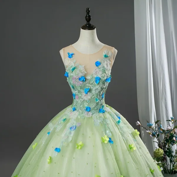 Fée Des Fleurs Vert Cendré Appliques Perlage Robe De Bal 2026 Robe Boule Encolure Dégagée Sans Manches Dos Nu Longue Robe De Ceremonie