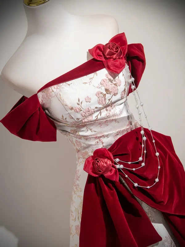 Élégant Bordeaux Appliques Impression Robe De Bal 2025 Princesse De l'épaule Manches Courtes Dos Nu Longue Robe De Ceremonie