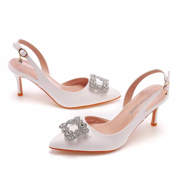 Chic / Belle Blanche Faux Diamant Chaussure De Mariée 2022 7 cm Talons Aiguilles À Bout Pointu Mariage Sandales Talons Hauts