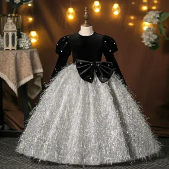 Hermoso Negro Bowknot Tassel Cumpleaños Vestidos Para Niñas 2025 Ball Gown Scoop Escote Manga Larga Largos