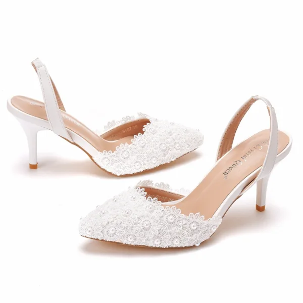 Chic / Beautiful White Pearl Lace Flower Wedding Shoes 2022 Leather Pointed Toe 7 cm Stiletto Heels Wedding Sandals High Heels
