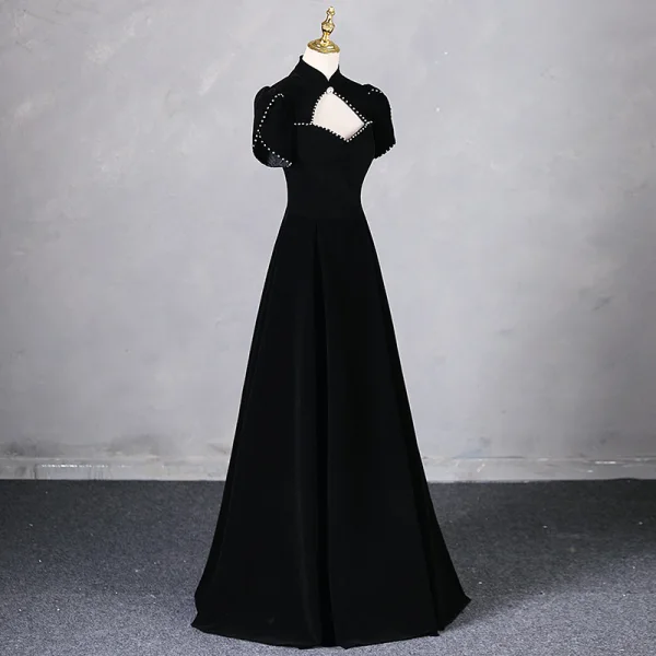 Elegant Black Rhinestone Prom Dresses 2024 A-Line / Princess High Neck Short Sleeve Backless Floor-Length / Long Prom Formal Dresses