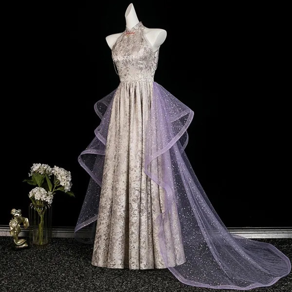 Bling Bling Grey Pearl Sequins Prom Dresses 2026 A-Line / Princess Halter  Sleeveless Backless Floor-Length /